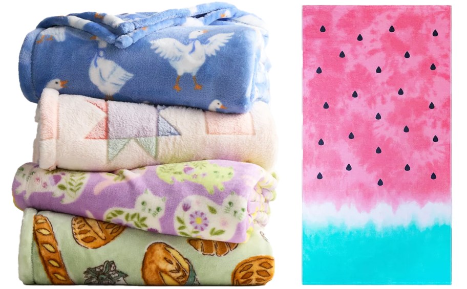 stack of folded throw blankets and a watermelon print towel