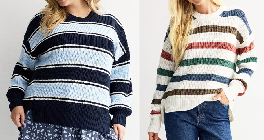 two women in striped sweaters