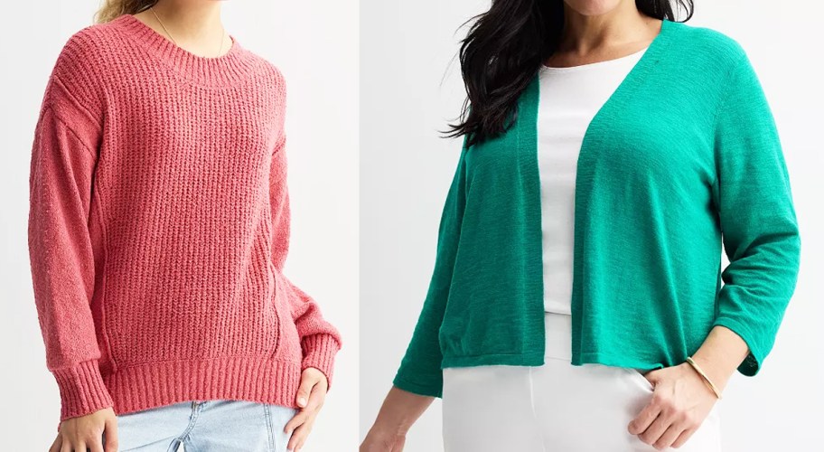 women in pink and green sweaters