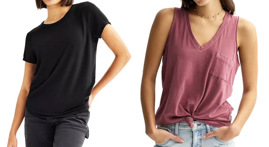 two women modeling black crewneck shirt and red v-neck tank top
