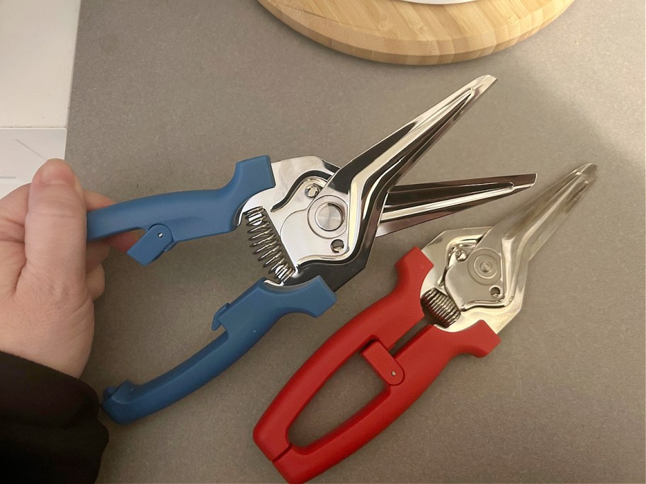 Two pairs of kitchen sheers, one blue and one red.