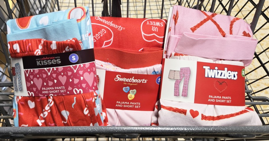 valentines candy themed pajama sets in shopping cart
