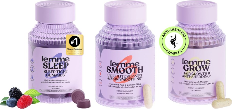 3 purple bottles of Lemme Supplements