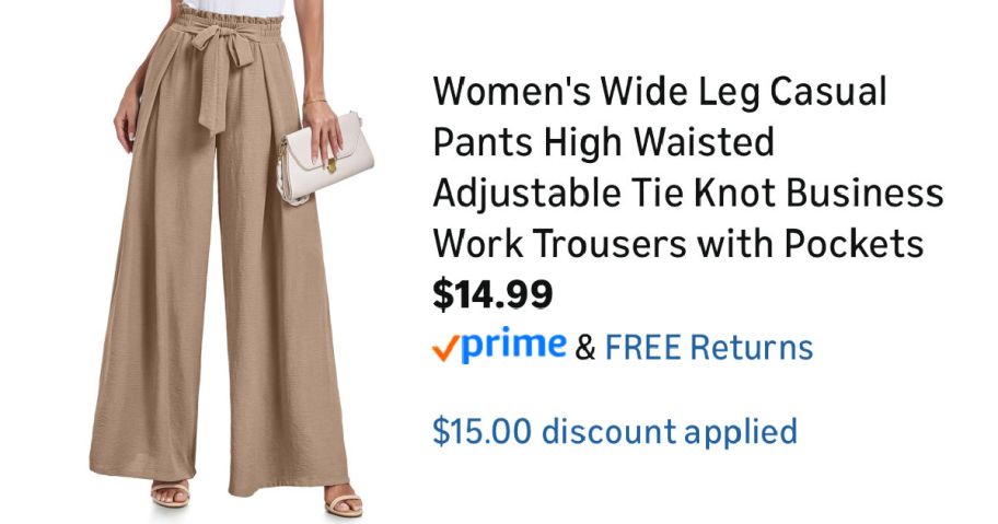 woman wearing tan pants next to Amazon pricing information