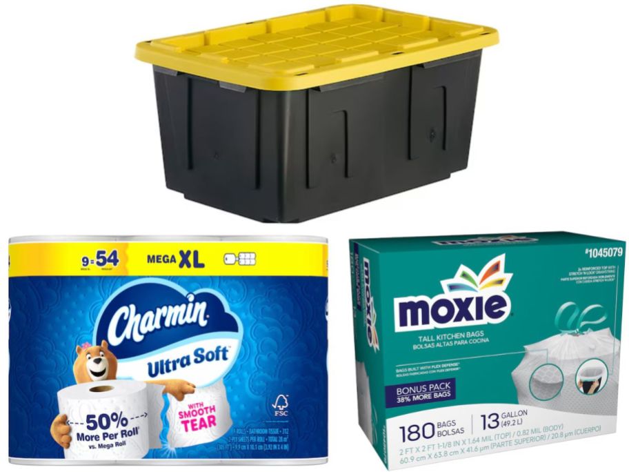 Stock images of a heavy duty tote, a pack of Charmin toilet paper and a box of Moxie trash bags