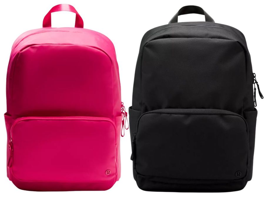 A pink and a black backpack 