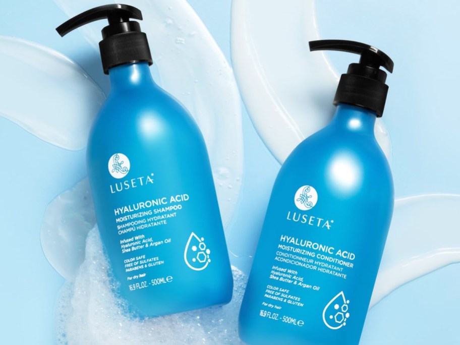 two blue bottles of Luseta Hyaluronic Acid Shampoo & Conditioner