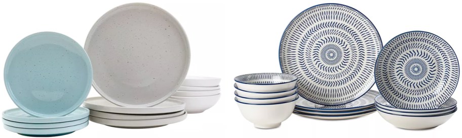 blue/grey and white/blue dinnerware sets