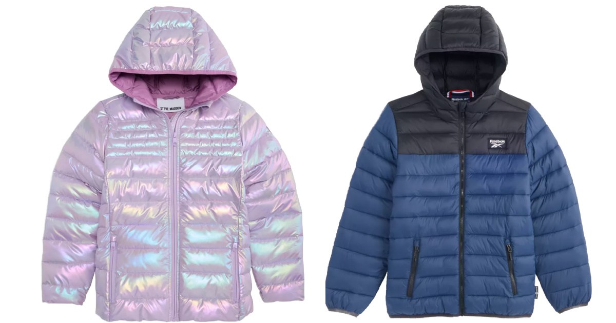 Boys and girls puffer jackets next to each other
