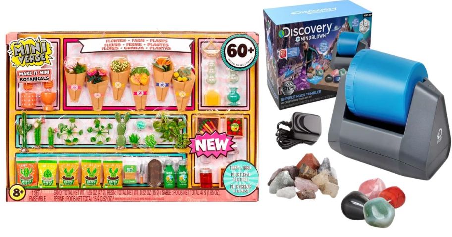 A box of toys shaped like flowers and a rock cleaning tumbling kit