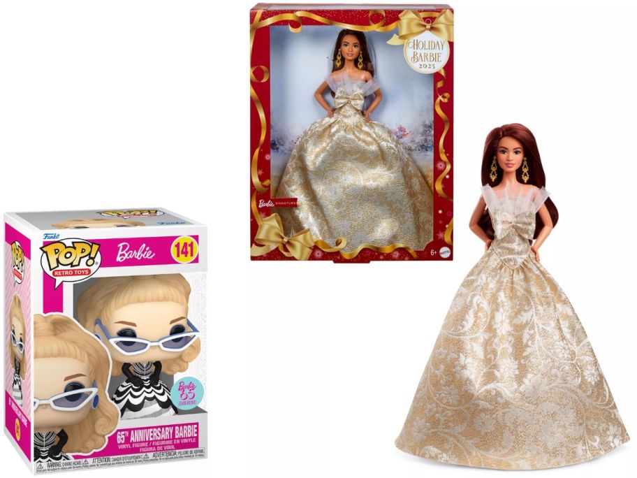 Stock images of a Funko pop Barbie and Holiday 2025 barbie