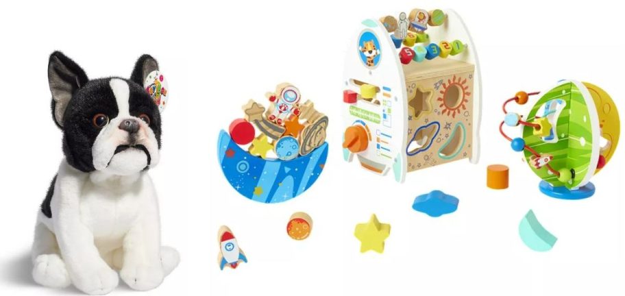 Stock images of a plush bulldog puppy and an imaginarium activity toy set