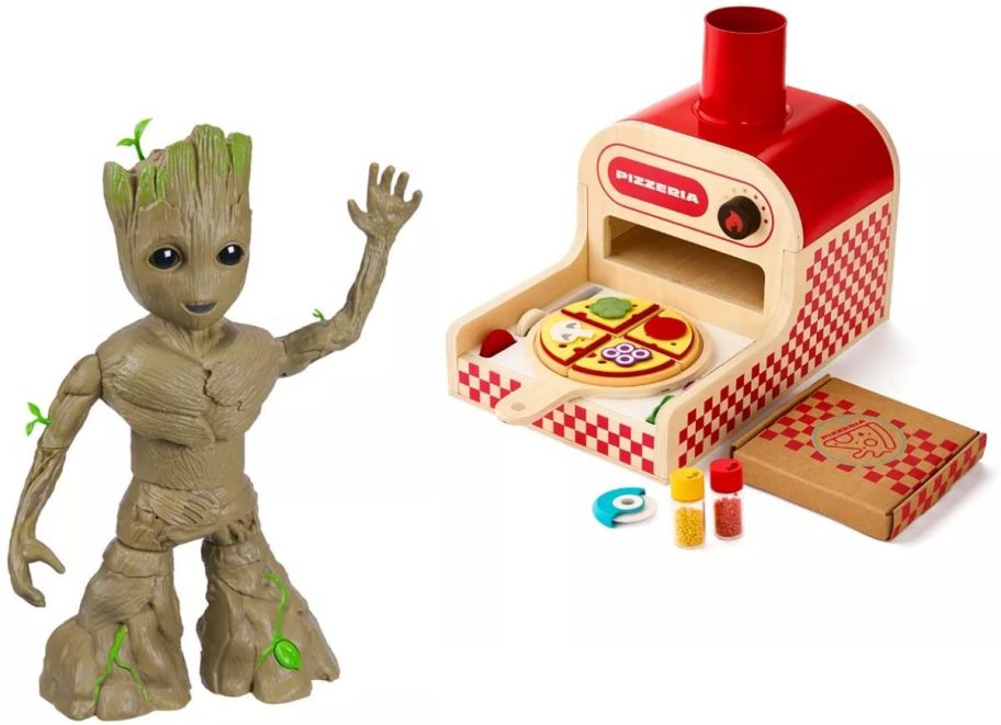 Stock images of a Marvel Groot toy and Toy pizza oven