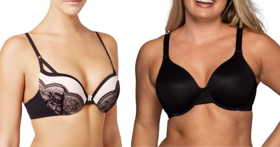 two women wearing a Maidenform Women's Love the Lift Push Up Underwire Bra and Vanity Fair Lingerie Women's Beauty Back Smoothing Full-Figure Contour Bra