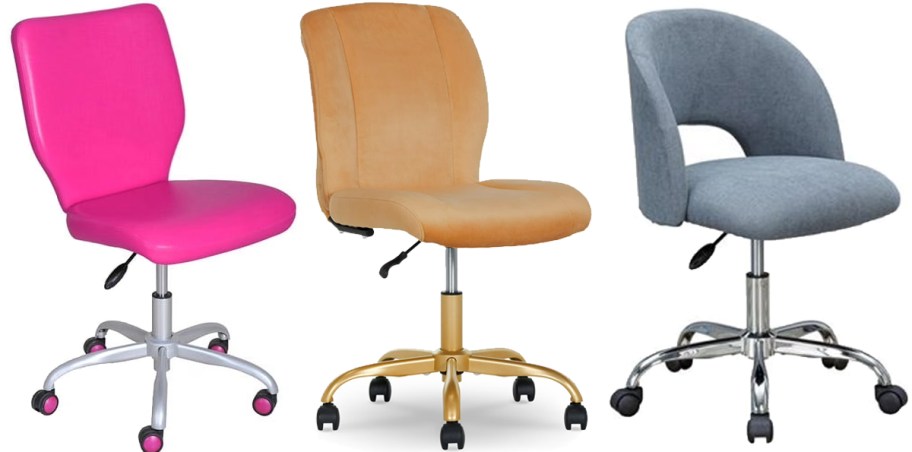 pink, tan, and grey office chairs in a row