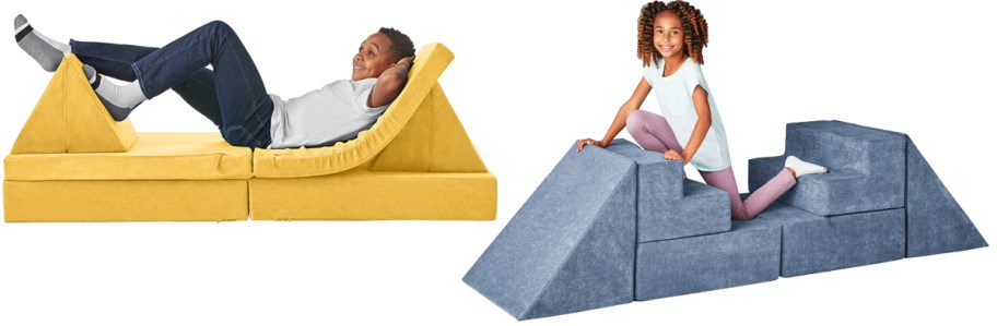 Children riding on yellow and blue play furniture