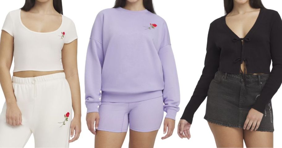 three women wearing Mills by Millie Bobby Brown tops