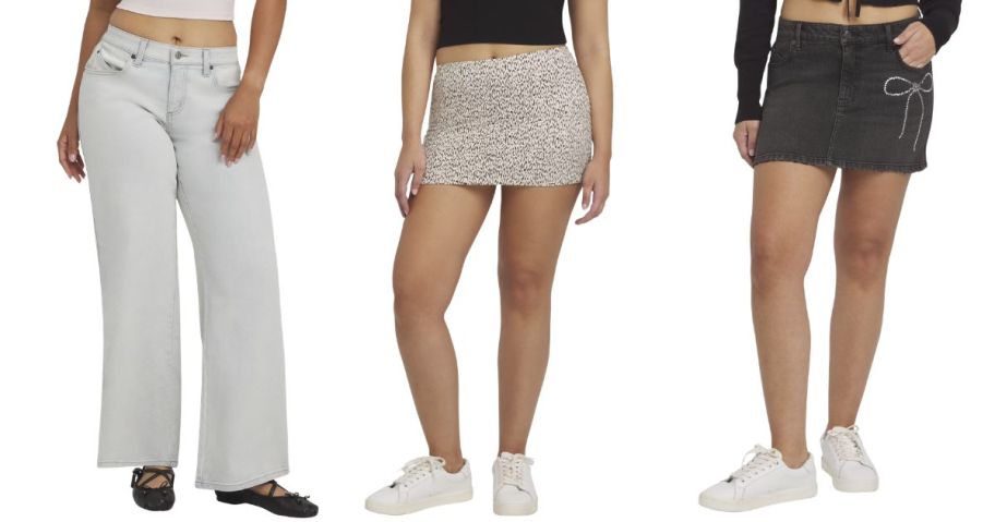 three women wearing Mills by Millie Bobby Brown jeans and skirts