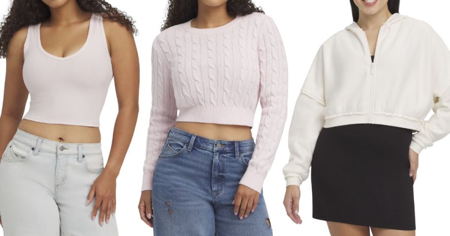 three women wearing Mills by Millie Bobby Brown tops