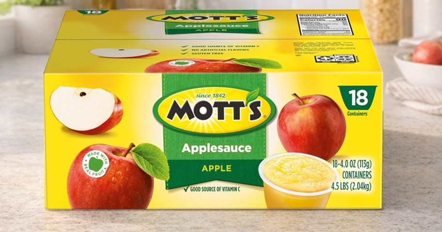 large box of Mott's Applesauce Cups on counter