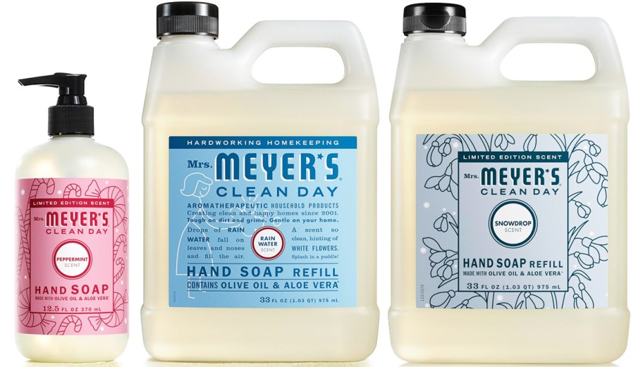 bottle and two refill bottles of Mrs. Meyer&rsquo;s Hand Soaps