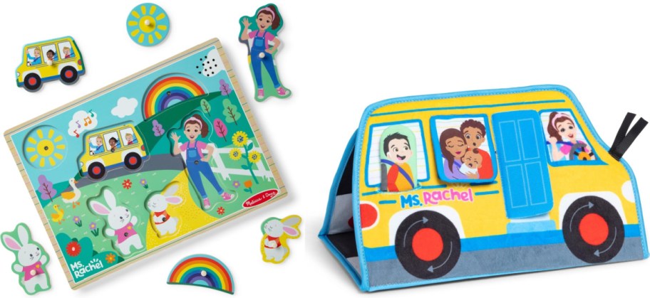 A Melissa & Doug Ms. Rachel puzzle and a Ms. Rachel bus tummy time toy.