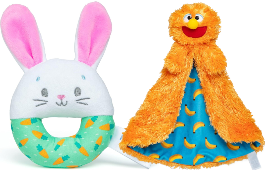 A Ms. Rachel bunny toy and a Ms. Rachel Herbie lovey.