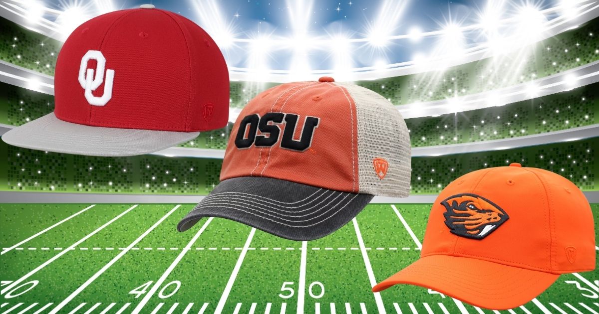 NCAA Hats in front of a stadium