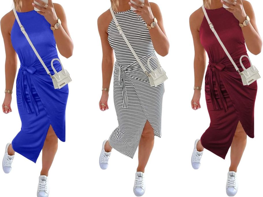 three women wearing wrap dresses