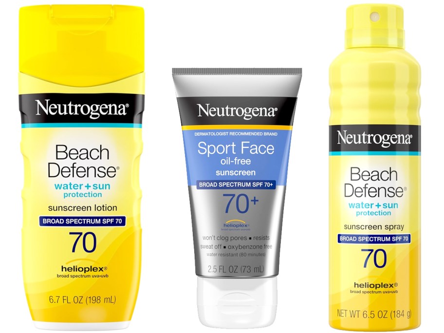 3 yellow and silver tubes of Neutrogena Sunscreens