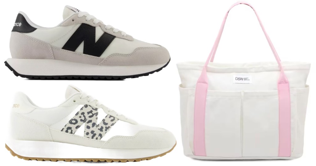 Two different pairs of new balance sneakers next to pink and white tote bag