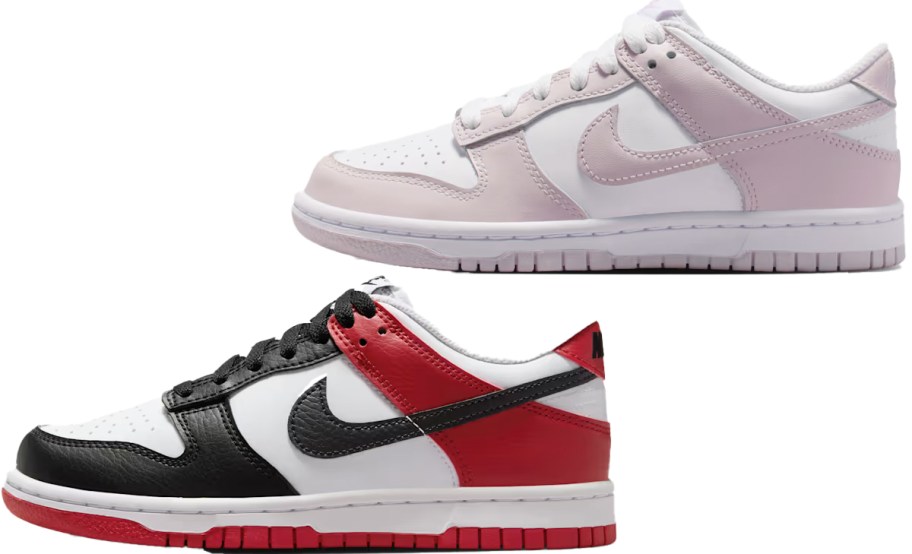 black/red/ and light purple/white nike sneakers