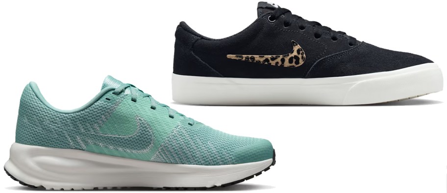 blue nike running shoe and black sneaker