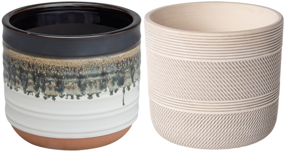 two rustic looking ceramic planters