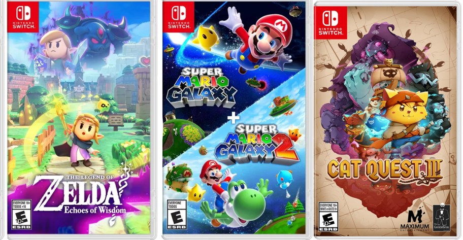 zelda, super mario, and catquest video games