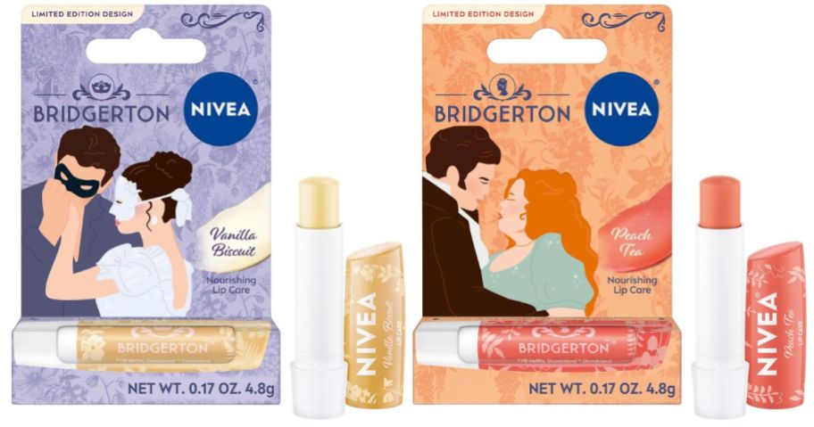 Nivea Bridgerton Lip Balms in Vanilla Biscuit and Peach Tea