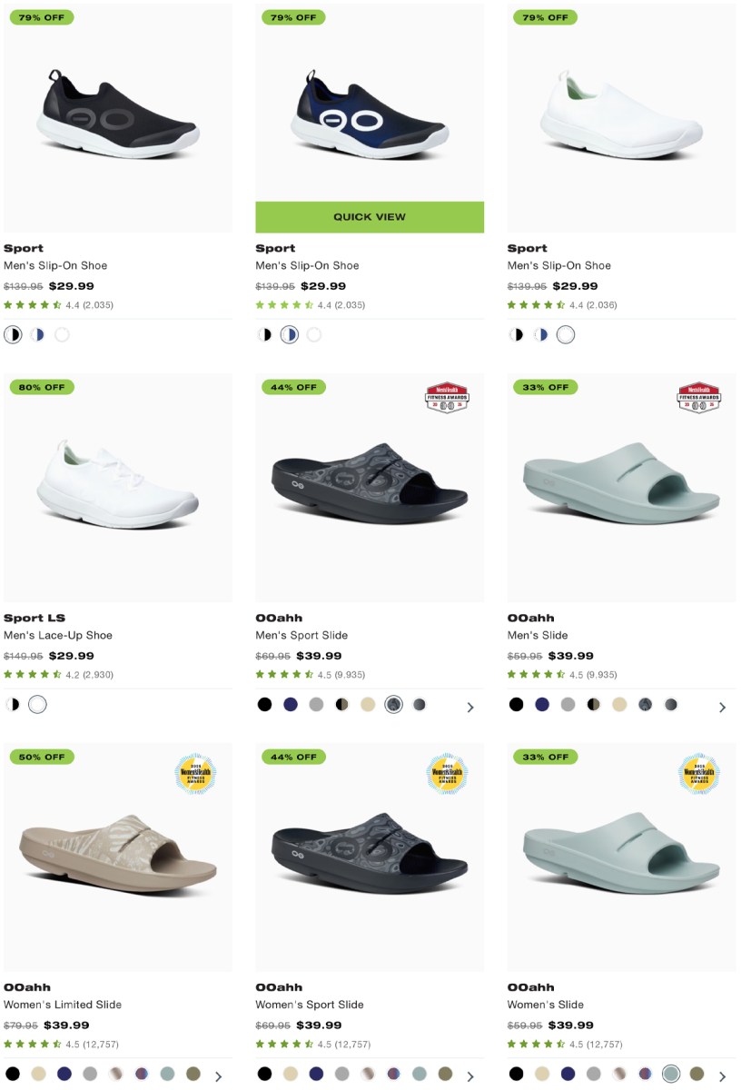 grid view of oofos sale shoes