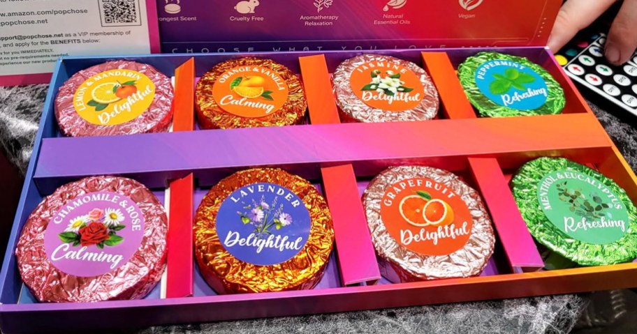 colorful shower steamers in their box