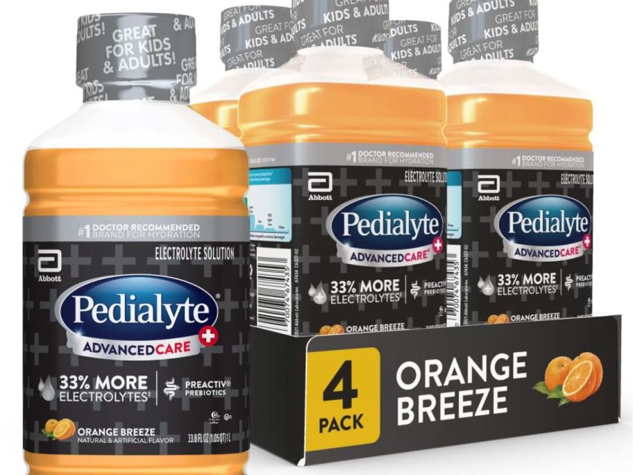 Stock images of a Pedialyte Advanced Care 4-pack in Orange Breeze flavor