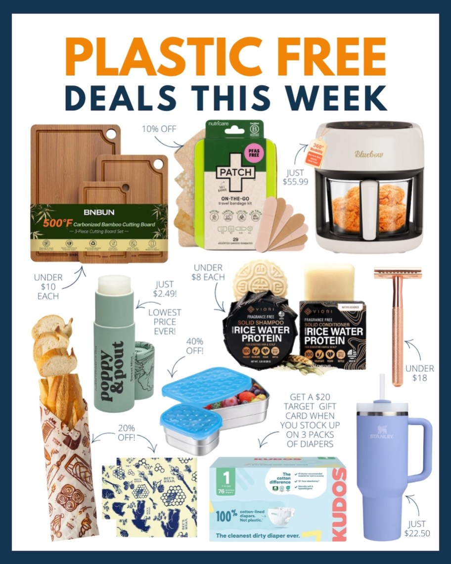 plastic free deals this week collage graphic of various stock images and sales