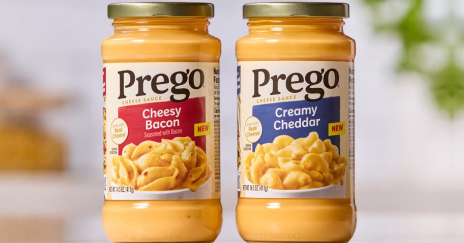 two jars of Prego Cheese Sauce on counter