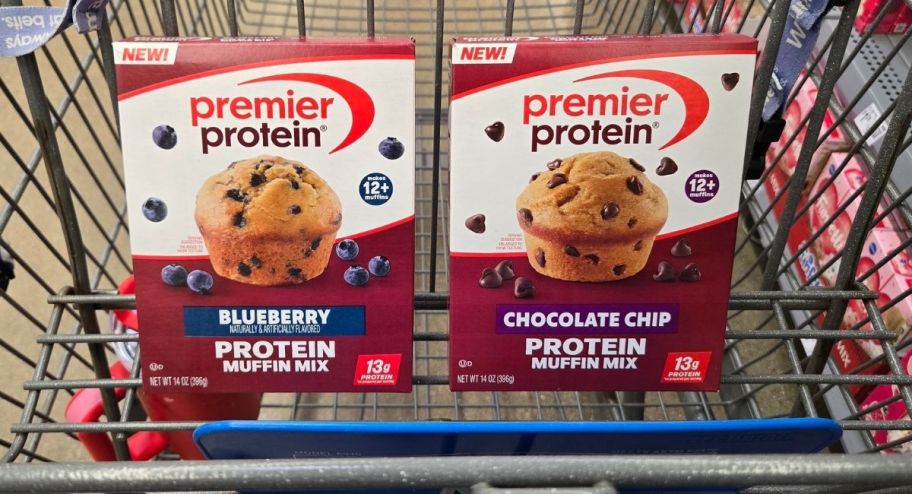 two different premier protein muffin mixes inside walmart shopping cart