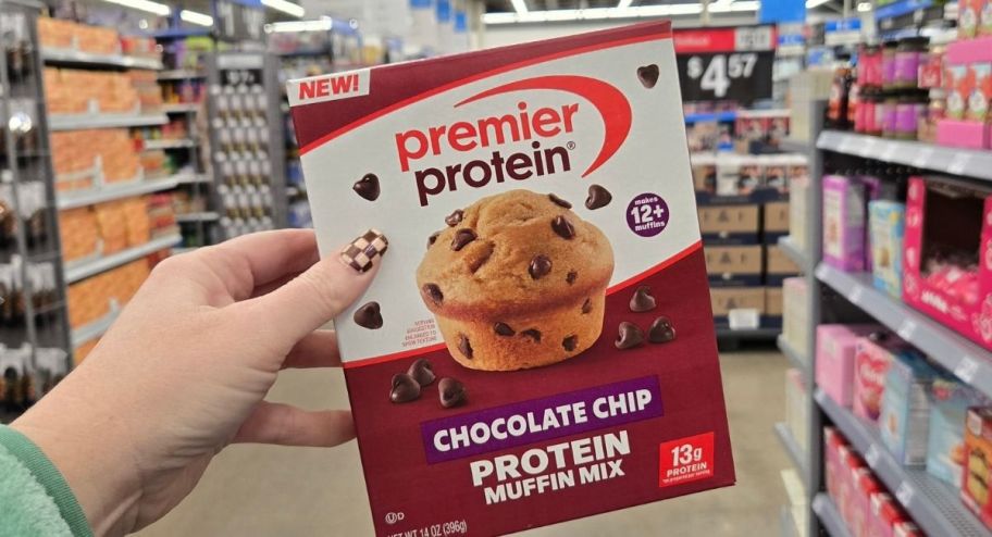 hand holding Protein chocolate muffin mix at the store