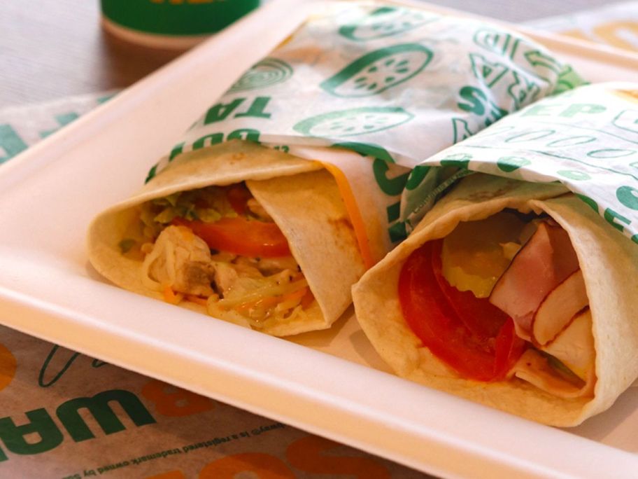 Protein packets in two different flavors of Subway on a tray