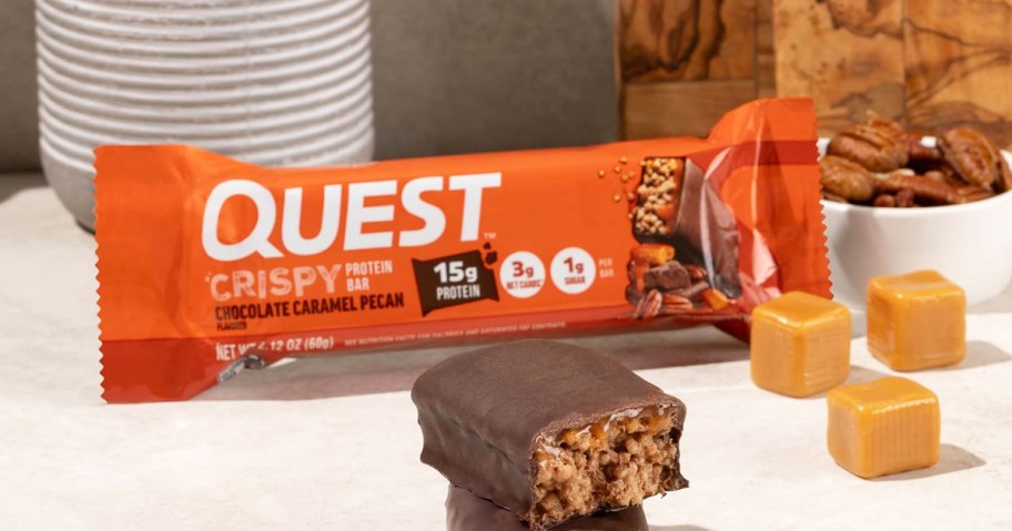 Quest Crispy Chocolate Caramel Pecan Protein Bar on counter