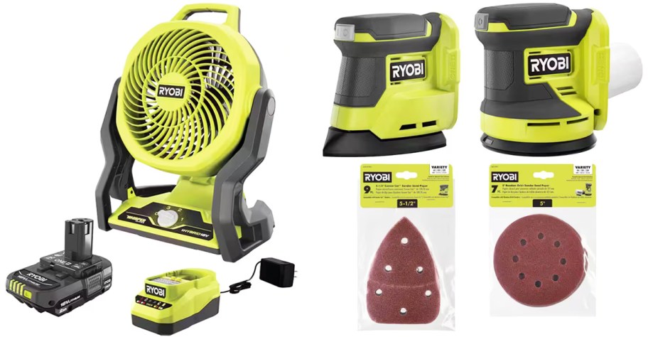 green and black ryobi fan and orbital sander sets