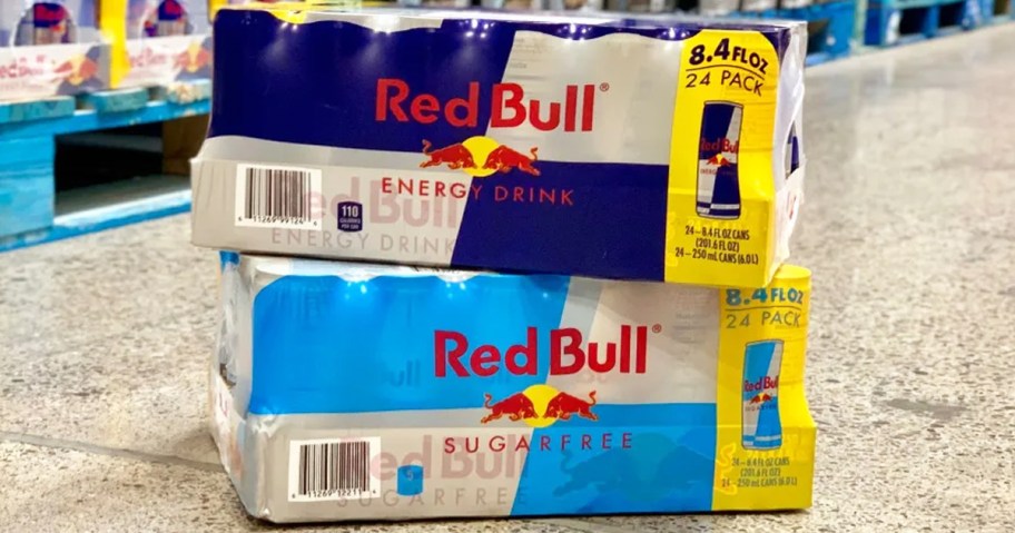 Red Bull packs stacked on top of each other in store