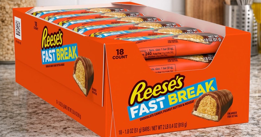 box of Reese's Fast Break Candy Bars on kitchen counter