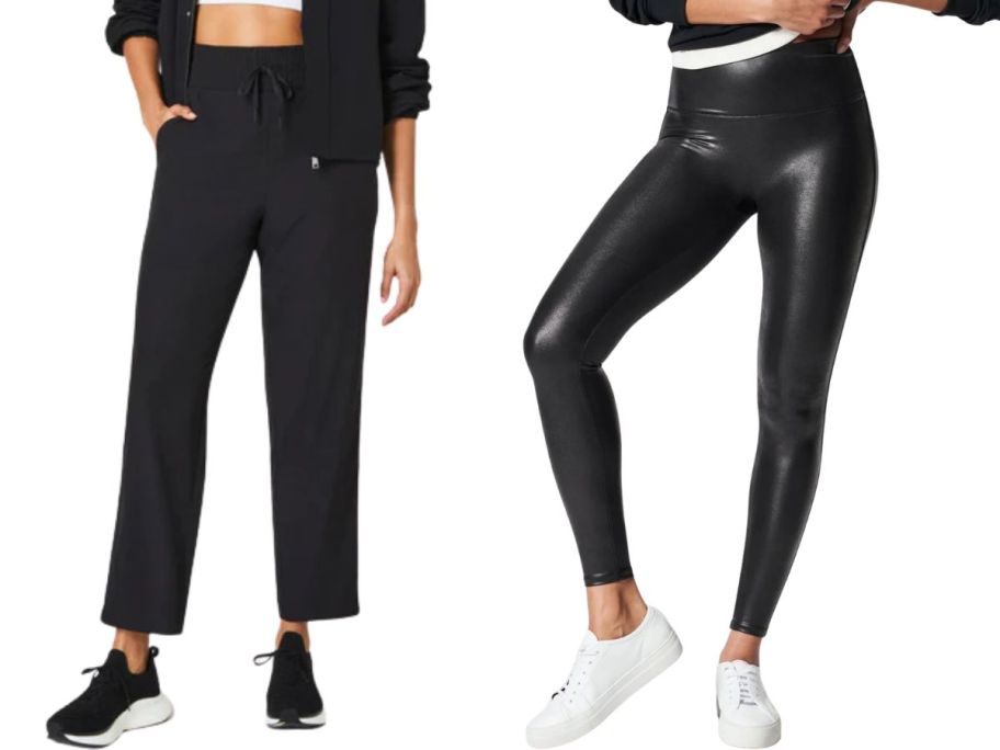 two women wearing SPANX On the Move Slim Pants and SPANXshape Faux Leather Leggings