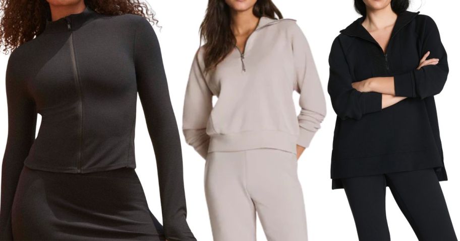 three women wearing SPANXsmooth OnForm Full Zip Jacket, SPANX AirEssentials Half Zip, and SPANX AirEssentials Brushed Half Zip Tunic